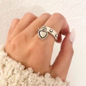 925 Sterling Silver Dangle Heart Ring Heart Charm Ring Minimalist Dainty Ring